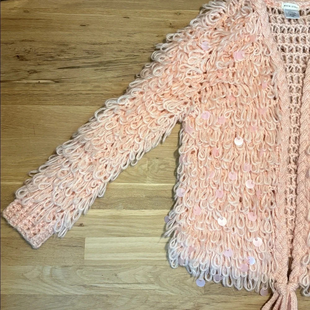 Main Strip Shaggy Lopped Knit & Sequin Pink Textured Cardigan Women’s M - Picture 4 of 13